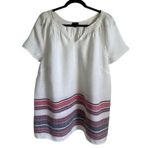 Talbots 100% Linen Tunic Top Sz 2X Border Stripe Smocked Short Sleeves Coastal